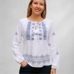 Knox Rose Womens Blouse L White  Embroidered Tassel Tie V-Neck Casual wb